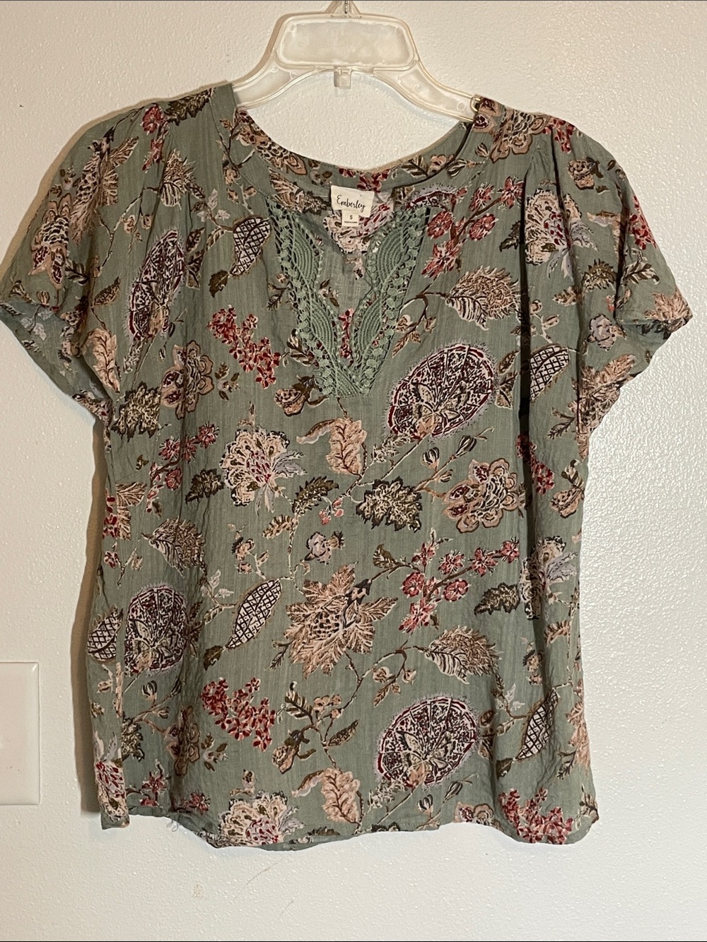 Floral Crochet-Trim Sage Green Blouse